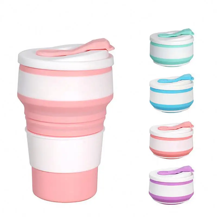 Wholesale Custom Folding Portable Silicone Coffee Cup 350ml Silicone Coffee Mug Lids