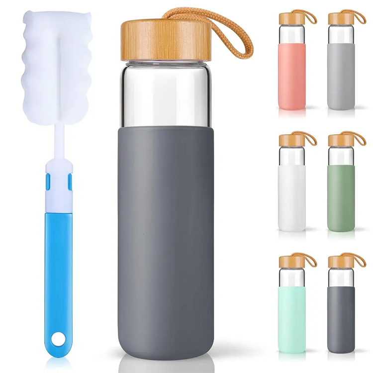 Wholesale 500ML BPA-Free Dishwasher Safe Borosilicate Glass Water Bottle with Protective Silicone Sleeve and Bamboo Lid