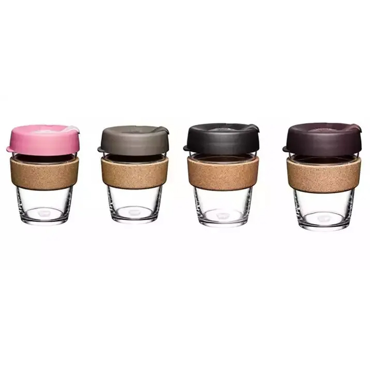 Wholesale Custom Logo 12oz Keepcup Glass Travel Mugs Reusable Portable Drinking Cup with Cork Sleeve and Lid Cover