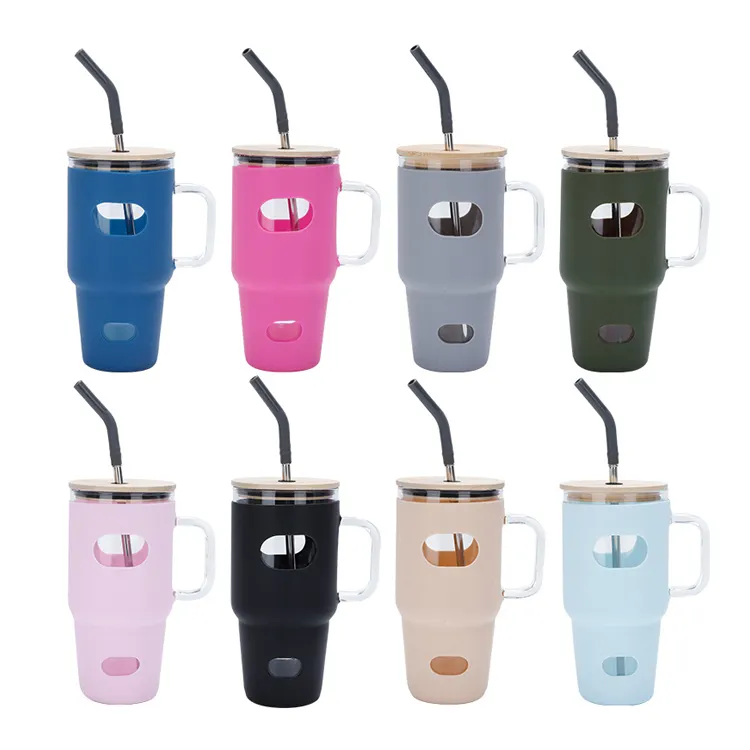 Wholesale Price 32oz Iced coffee Cups Drinking Glass Tumbler with Bamboo Lid and Straw