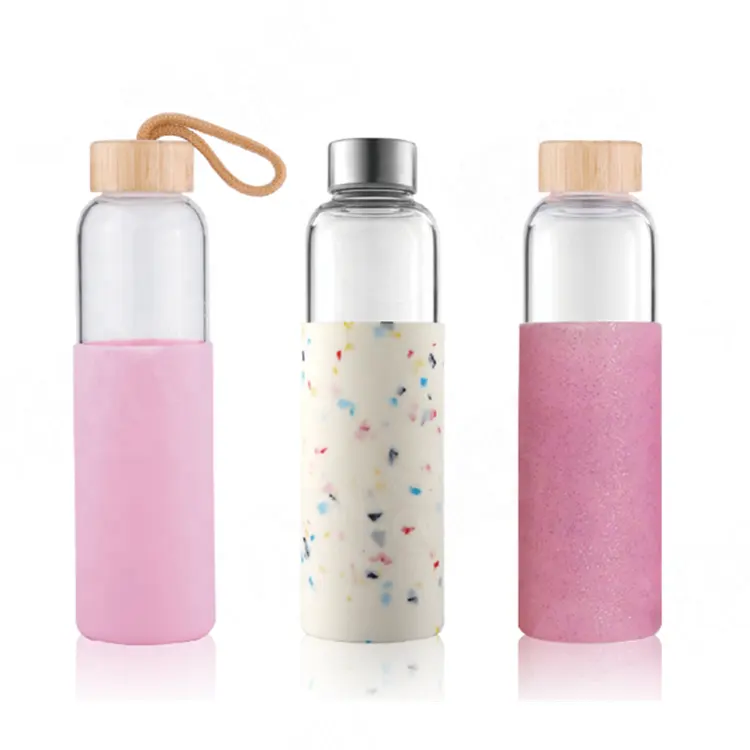 Wholesale Reusable 550ml BPA Free Wide Mouth Glass Drinking Water Bottles With Sleeve and Lids