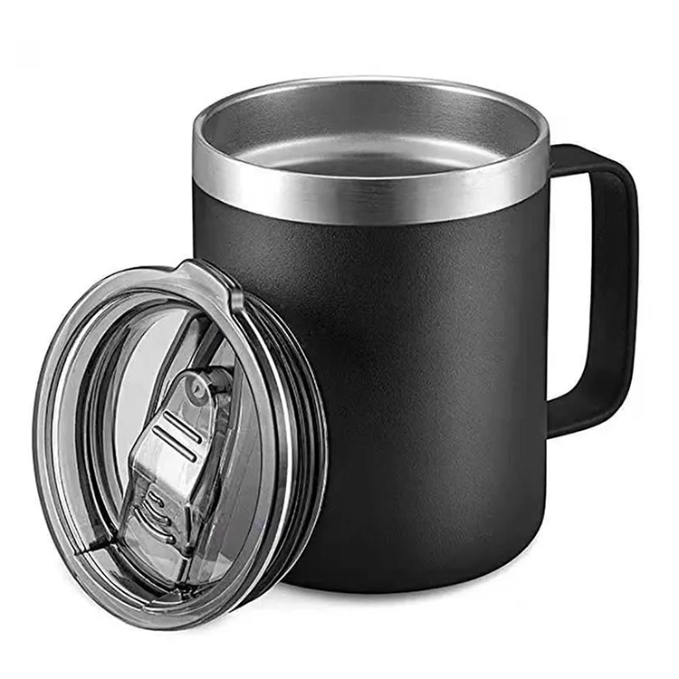 OEM 12oz Powder Coated Insulated Stainless Steel Coffee Mugs Handle Double Wall Wine Tumbler Cup with Lid