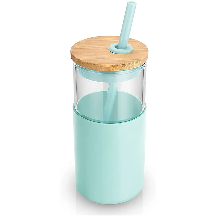 Reusable 16oz Glass Coffee Mug With Lid Juice Glass Cup with Bamboo Lid and Straw Tumbler