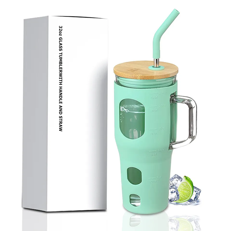 Hot Selling 32oz Glass Tumbler Sublimation with Bamboo Lid and Straw Glass Water Bottles with Handle