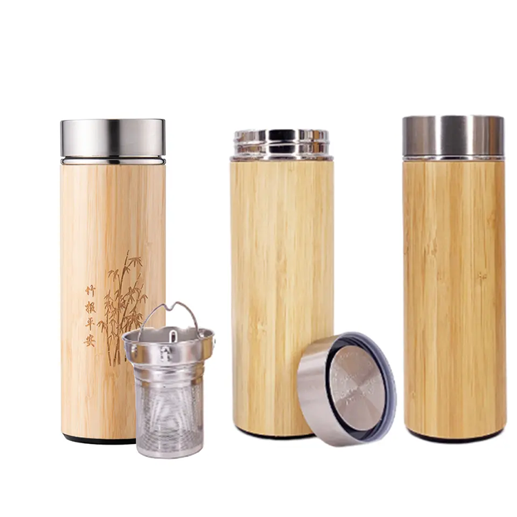 Eco Friendly Natural Drink Tea Flask Vacuum Stainless Steel 450ml Bamboo Water Bottle Bamboo Lids with Handle