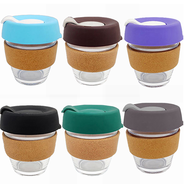 Custom Eco-friendly 8oz Transparent Cork Sleeve Reusable Keepcup Glass Coffee Cup with Silicone Lid